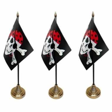 10x stuks piratenvlaggetjes tafelvlaggetje op voetje one eyed jack
