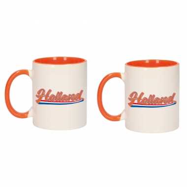 2x stuks holland mok/ beker oranje wit 300 ml