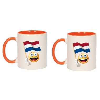 2x stuks smiley vlag nederland mok/ beker oranje wit 300 ml