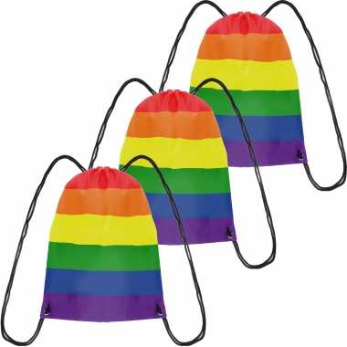 3x gymtasje/rugtas rijgkoord regenboog/rainbow/pride vlag voor volwassenen en kids