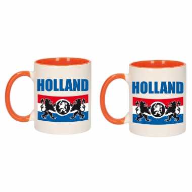 4x stuks holland met vlag en leeuw mok/ beker oranje wit 300 ml