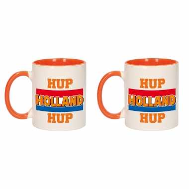 4x stuks hup holland hup met vlag mok/ beker oranje wit 300 ml