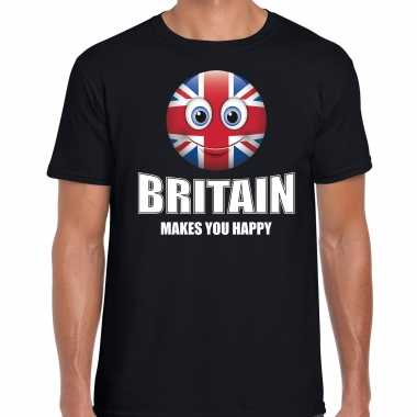 Britain makes you happy landen t-shirt verenigd koninkrijk zwart voor heren met emoticon