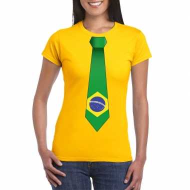 Geel t-shirt met brazilie vlag stropdas dames