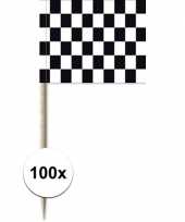 100x zwart witte finish vlag cocktailprikkertjes kaasprikkertjes 8 cm