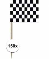 150x zwart witte finish vlag cocktailprikkertjes kaasprikkertjes 8 cm