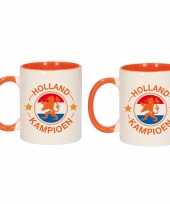 2x stuks holland kampioen leeuw mok beker oranje wit 300 ml