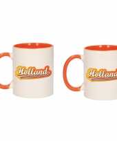 2x stuks holland met lettercontour mok beker oranje wit 300 ml