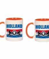 2x stuks holland met vlag en leeuw mok beker oranje wit 300 ml