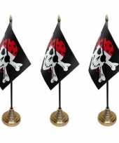 3x stuks piratenvlaggetjes tafelvlaggetje op voetje one eyed jack
