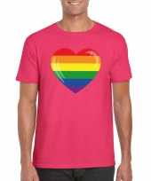 T shirt roze regenboog vlag in hart roze heren