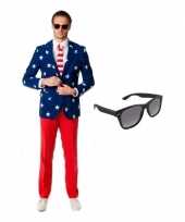 Verkleed met amerikaanse vlag print heren kostuum maat 48 m met gratis zonnebril
